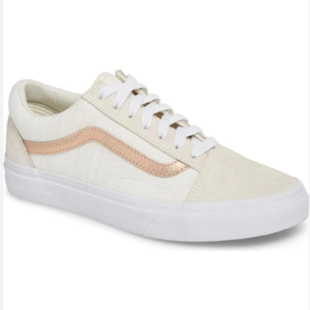 Vans Women's Old Skool Cream Sneaker with Rose Gold Stripe